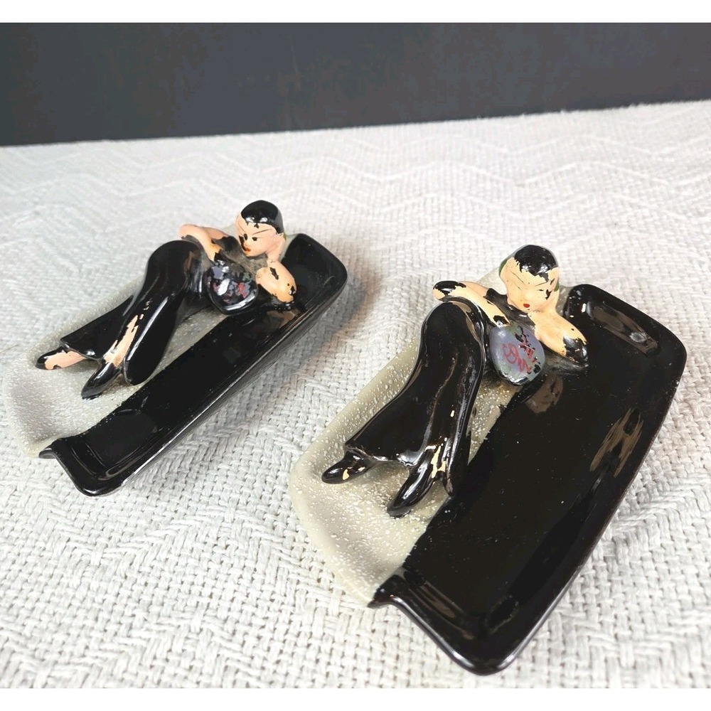 Vtg Art Deco Reclining Lady Ceramic Ashtrays Trinket Dishes MCM Japan Pair of 2